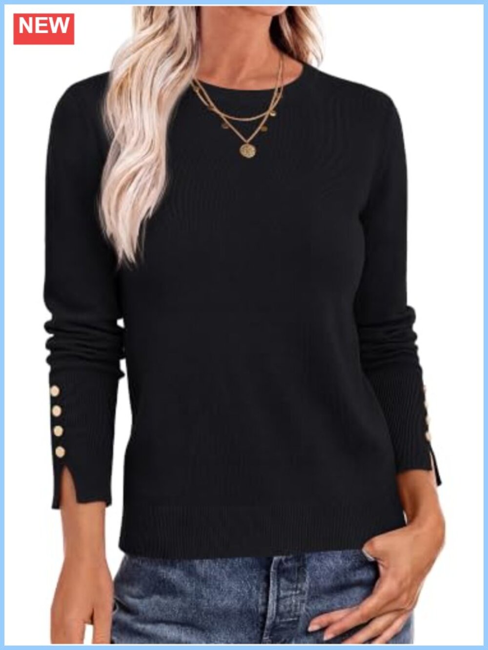 Women's Lightweight Button Cuff Crewneck Pullover Sweater Long Sleeve
